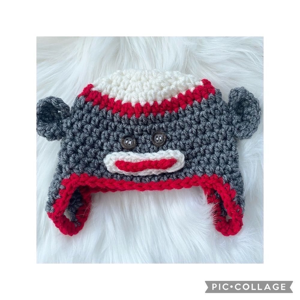 Crochet Baby Hat Sock Monkey 0 - 3 months